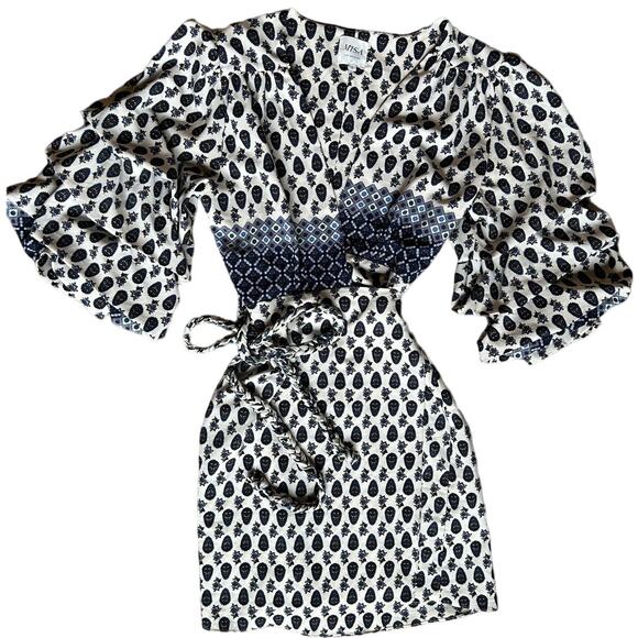 MISA Paisley Wrap Dress With Braided Belt Layered Balloon Sleeves Boho‎ Style S - Picture 1 of 9